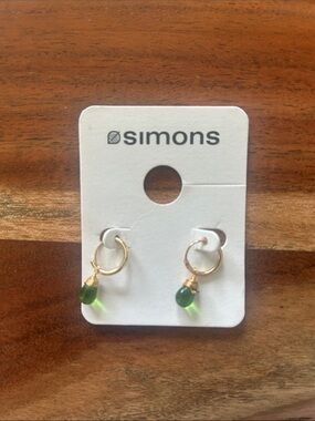 Simons Gold Hoops with Dark and Light Green Glass Drops